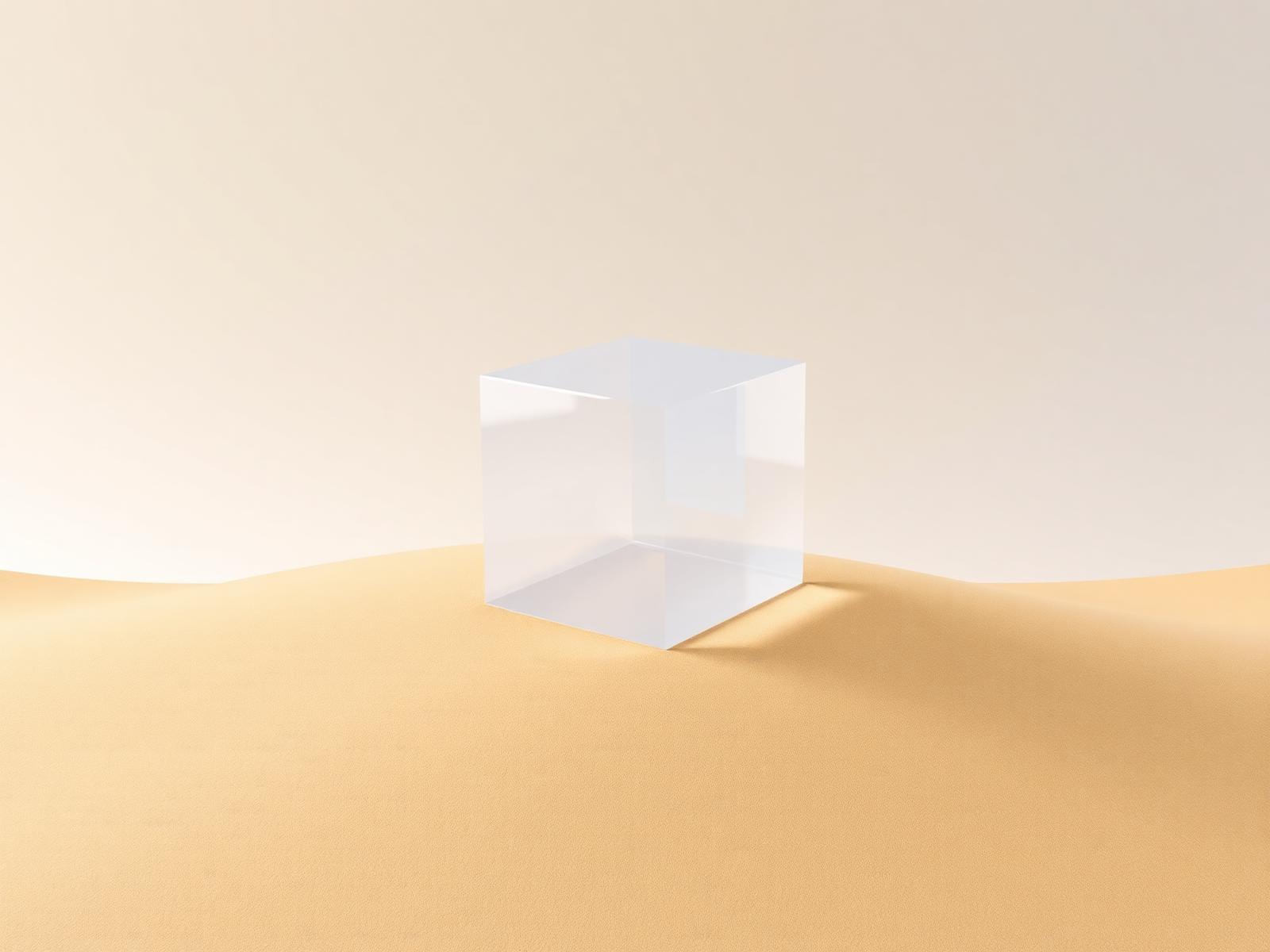 Translucent crystal cube on a warm sand surface